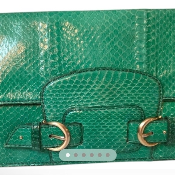 Cole Haan Handbags - Cole Haan Emerald Green Snakeskin Embossed Leather Buckle Clutch